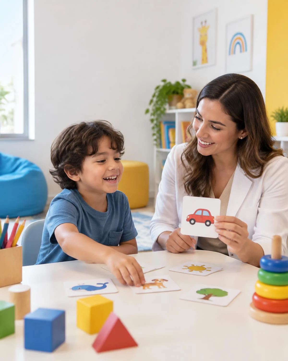 Profissional realizando atividade lúdica de linguagem com uma criança